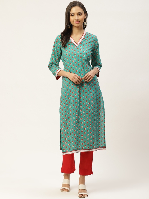 

Maaesa Women Green & Red Ethnic Motifs Hand Printed Cotton Kurta with Trousers