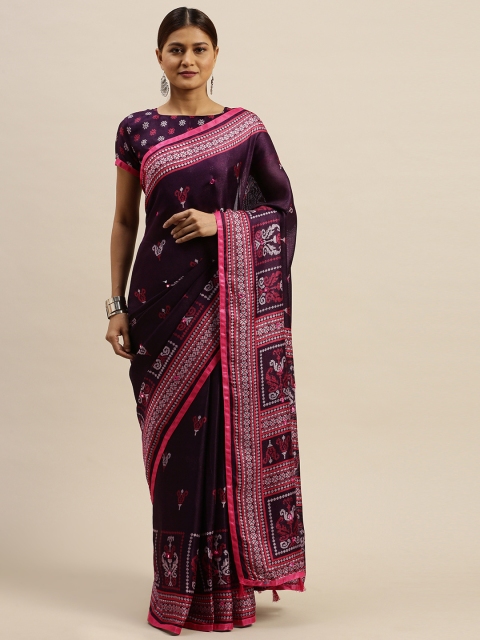 

Saree mall Burgundy & Red Jute Silk Printed Block Print Saree with Mirror Work