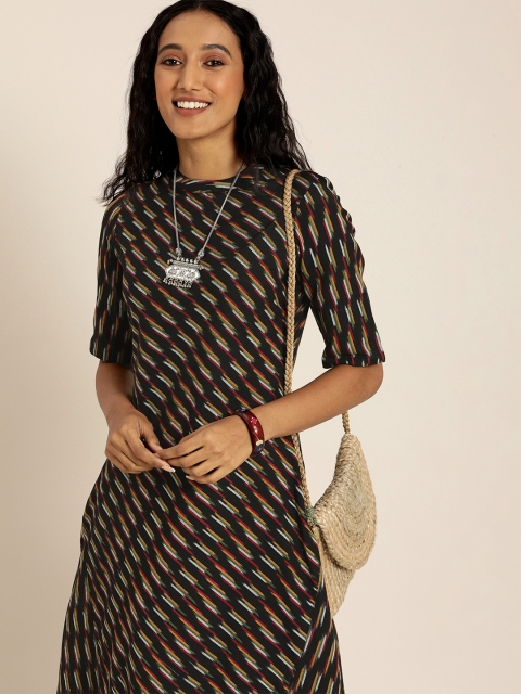 

Taavi Women Black and Multi-Color Ikat Print A-Line Dress