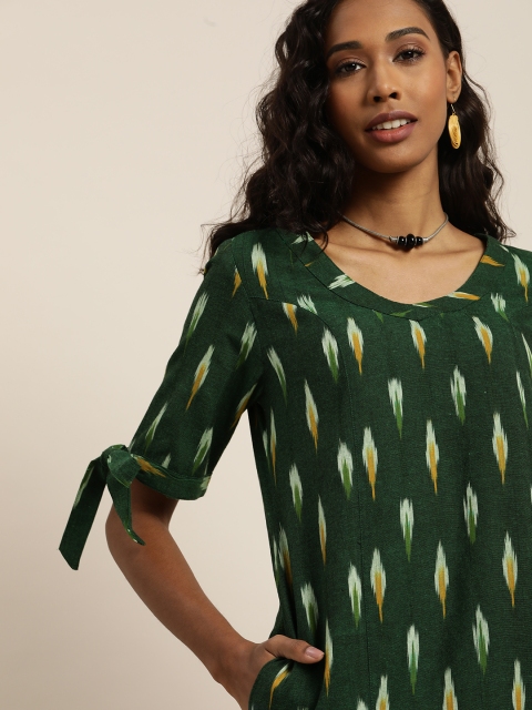 

Taavi Women Green Ikat Woven Design Sustainable Sheath Dress With Sleeve Tie-Up