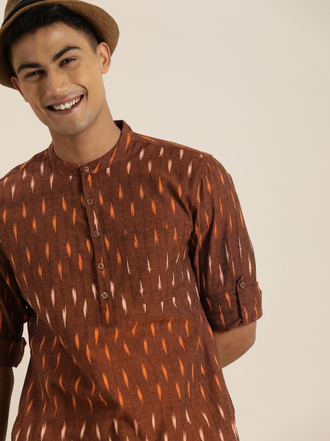 

Taavi Men Rust Brown & Orange Ikat Woven Design Kurta with Trousers