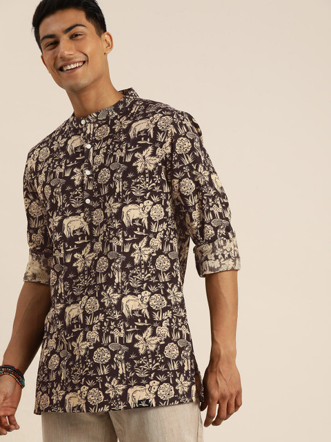 

Taavi Men Coffee Brown & Off White Kalamkari Block Printed Straight Sustainable Kurta