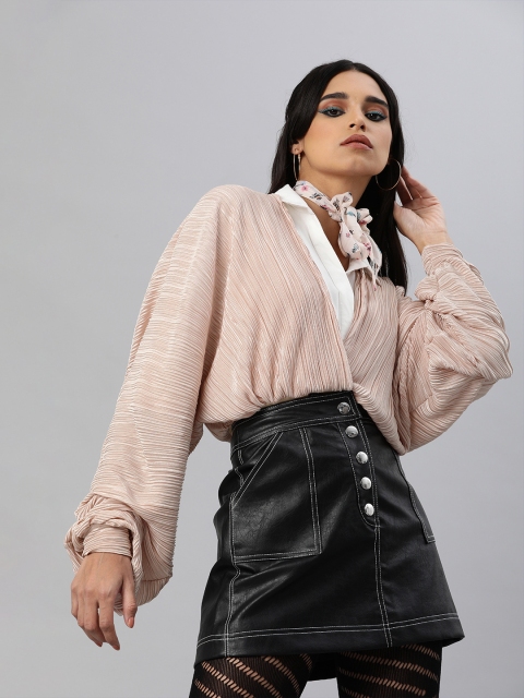 

iki chic Women Beige Solid Accordion Pleated Wrap Bodysuit