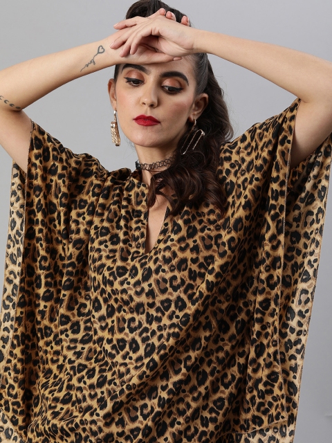 

iki chic Women Brown & Black Leopard Printed High-Low Kaftan Top