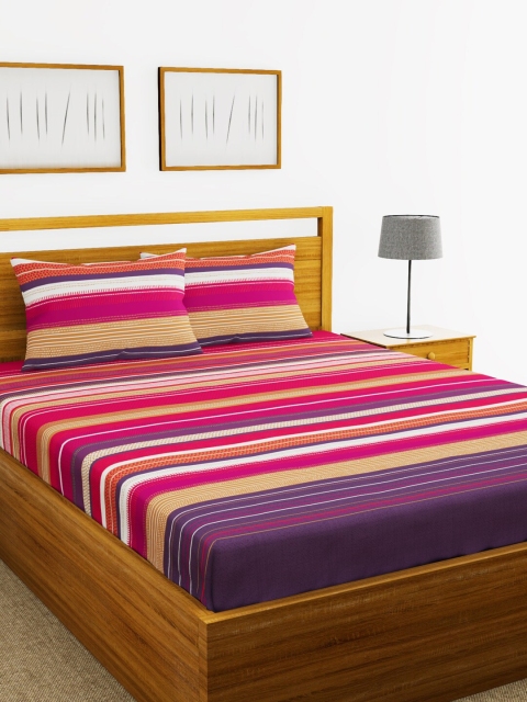 

BIANCA Magenta & Khaki Striped 180 TC Cotton 1 King Bedsheet with 2 Pillow Covers