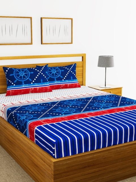 

BIANCA Blue & White Geometric 180 TC Cotton 1 King Bedsheet with 2 Pillow Covers
