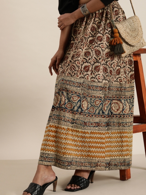 

Taavi Women Beige & Maroon Kalamkari Hand Block Print Sustainable Maxi Flared Skirt