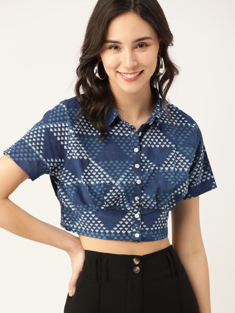 

Taavi Women Blue & Off-White Sustainable Pure Cotton Indigo Print Crop Shirt