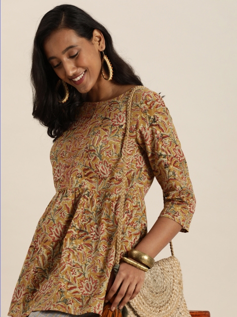 

Taavi Brown & Maroon Kalamkari Hand Block Print Sustainable Pure Cotton A-Line Top