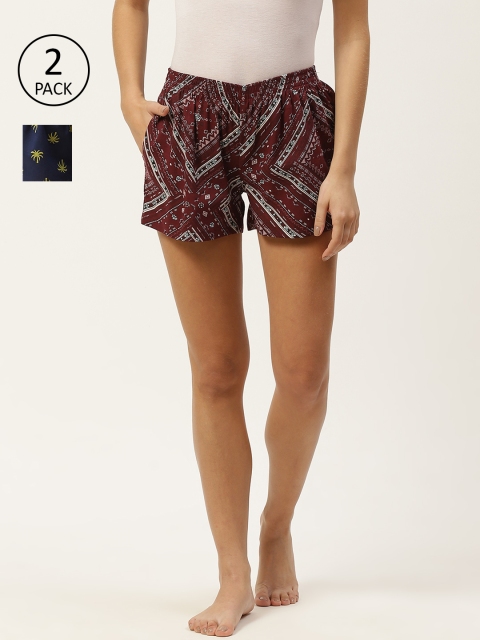 

ETC Women Pack Of 2 Printed Lounge Shorts, Maroon
