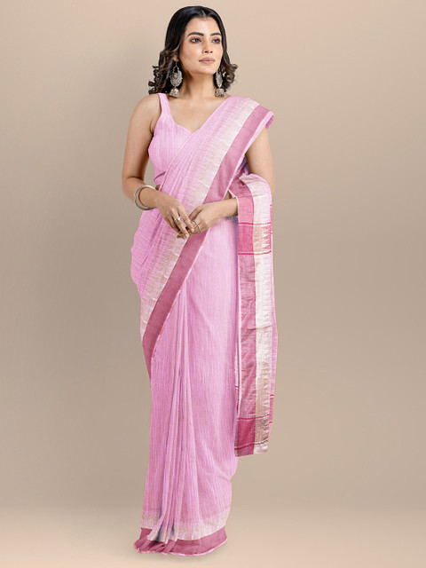 

BharatSthali Pink Silk Cotton Solid Maheshwari Handloom Saree