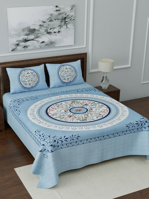 

LIVING ROOTS Blue & White Ethnic Motifs 144 TC 1 Queen Bedsheet with 2 Pillow Covers