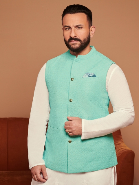 

House of Pataudi Men Blue Embroidered Jashn Nehru Jacket