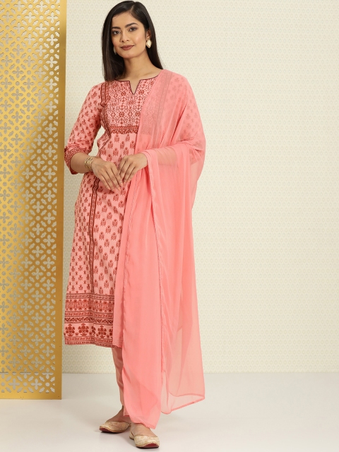 

House of Pataudi Women Pink & Brown Printed Regular Pure Cotton Kurta Set