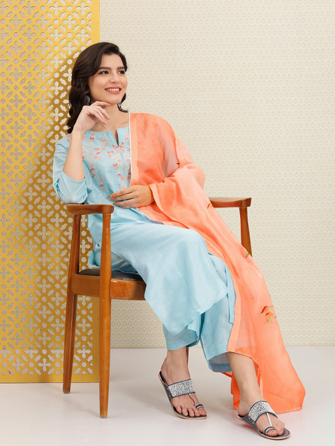 

House of Pataudi Women Blue Ethnic Motifs Embroidered Rozana Kurta with Palazzos & Dupatta