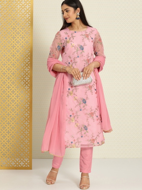

House of Pataudi Women Pink Embroidered Kurta with Trousers & Dupatta