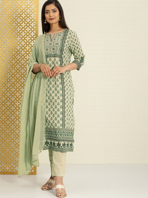 

House of Pataudi Women Green Printed Regular Pure Cotton Kurta Set