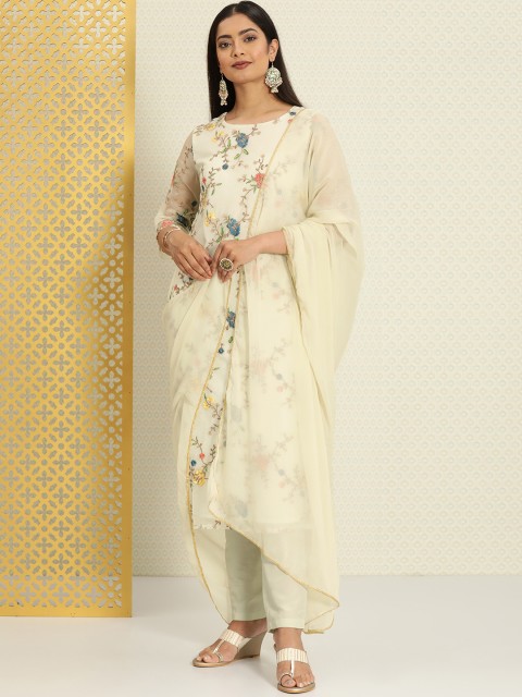

House of Pataudi Women White Embroidered Regular Kurta with Trousers & Dupatta