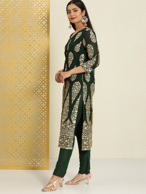 

House of Pataudi Women Green Floral Printed Regular Sequinned Pure Cotton Kurta with Trousers & With Dupatta