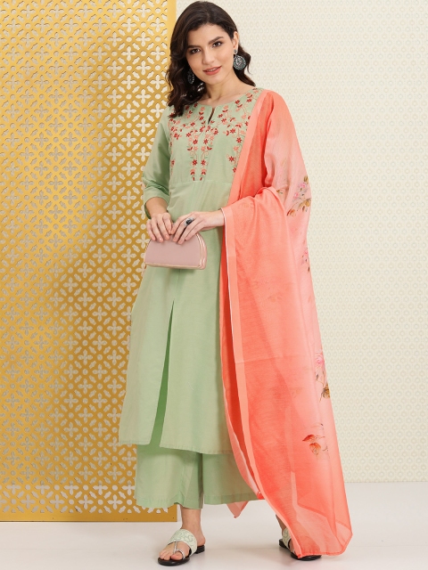 

House of Pataudi Women Green Embroidered Rozana Kurta with Palazzos & Dupatta