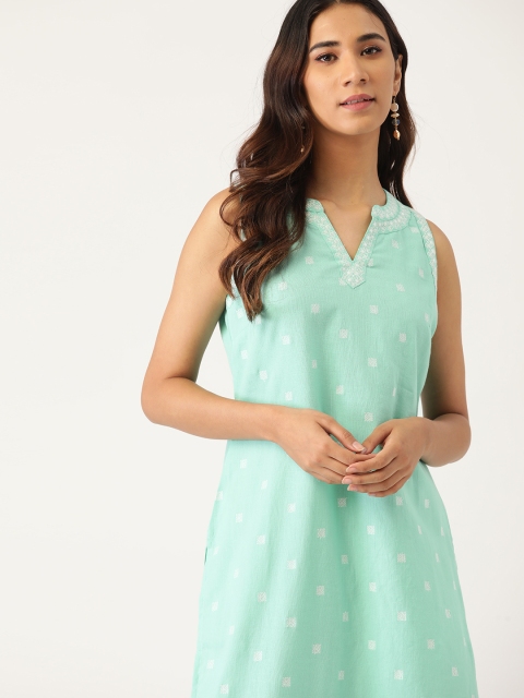 

House of Pataudi Women Sea Green & Off White Embroidered Kurta