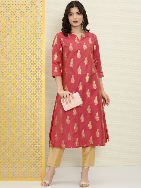 

House of Pataudi Women Coral Ethnic Motifs Jashn Block Print Floral Kurta