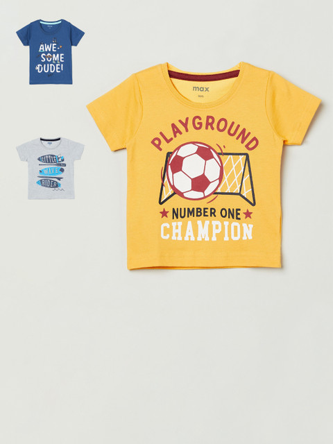 

max Boys Pack Of 3 Printed Round Neck T-shirt, Grey