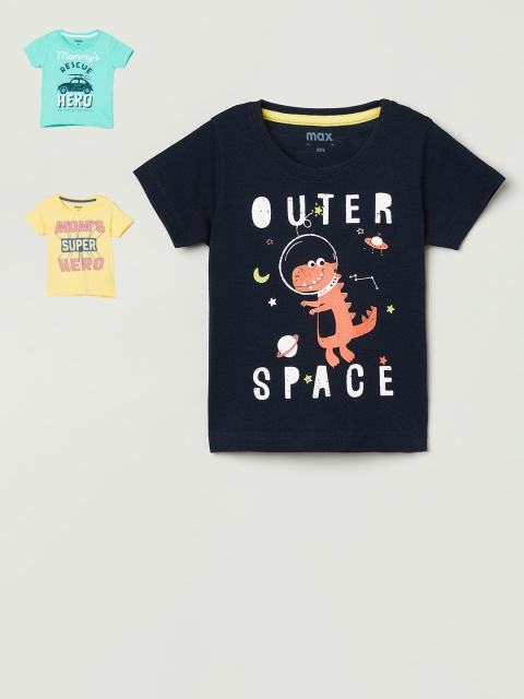 

max Boys Navy Blue & Yellow Set of 3 Printed Round Neck T-shirt