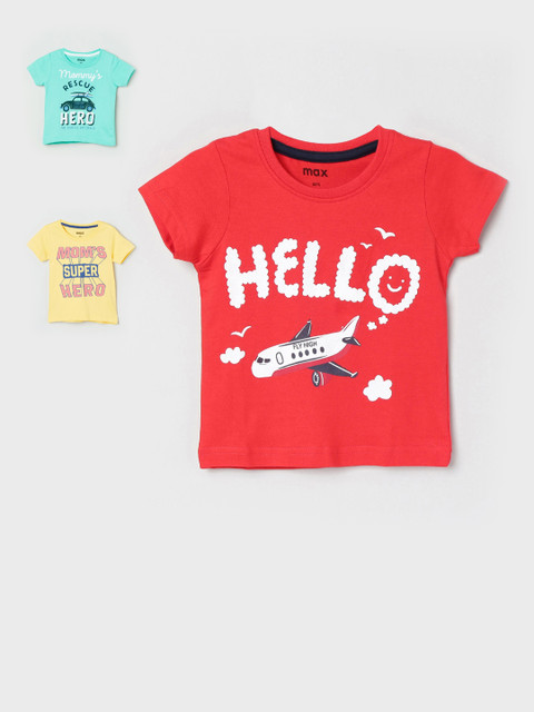 

max Boys Pack Of 3 Printed Round Neck T-shirts, Red