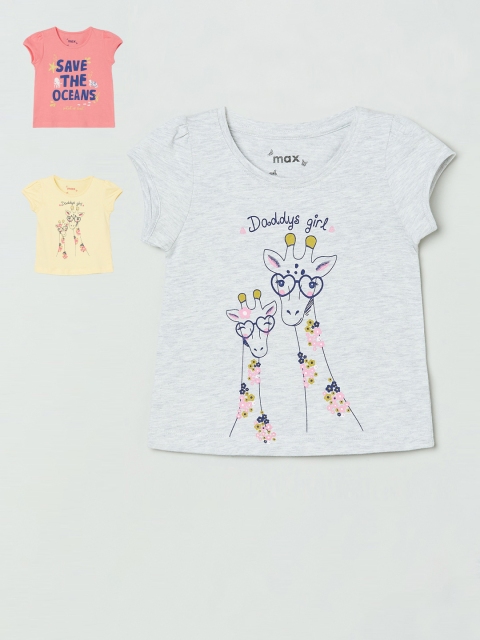 

max Girls Pack of 3 Printed Round Neck Tops, Grey