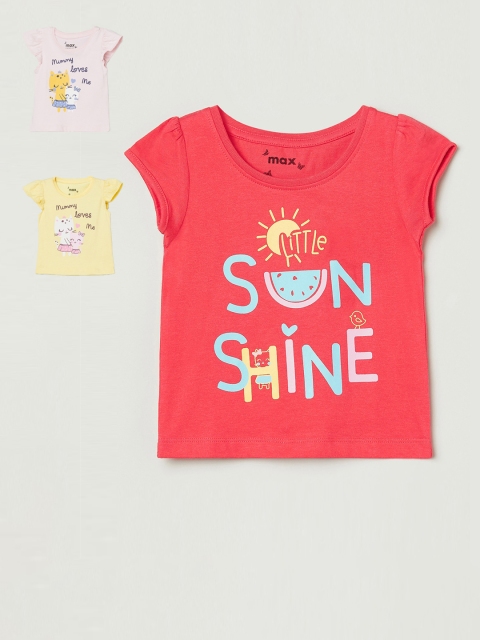 

max Girls Pink & Yellow Set of 3 Printed Pure Cotton Tops