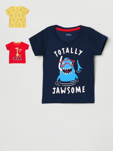 

max Boys Pack Of 3 Printed Round Neck T-shirt, Navy blue