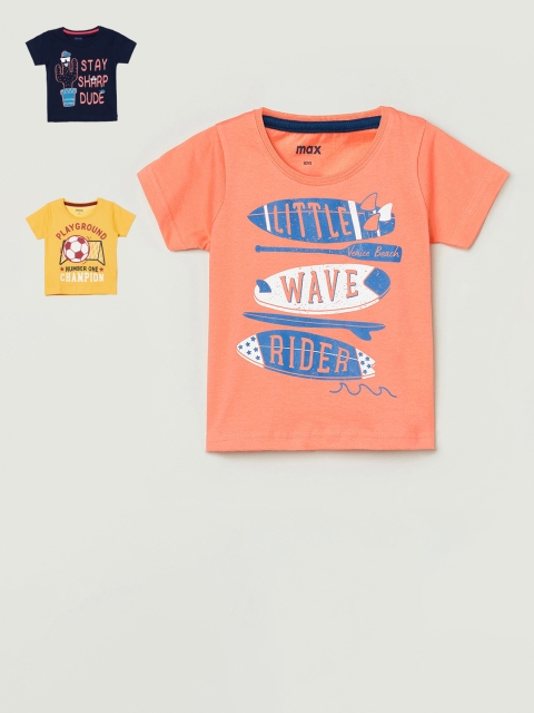 

max Boys Pack Of 3 Printed Round Neck Pure Cotton T-shirts, Orange