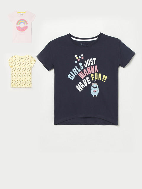 

max Girls Pack Of 3 Printed Round Neck T-shirts, Navy blue