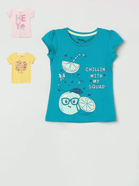 

max Girls Pack Of 3 Printed Round Neck Tpos, Teal