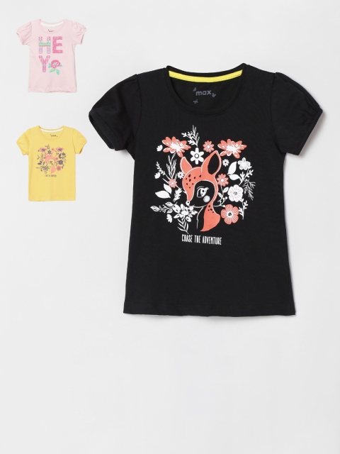 

max Boys Girls Pack Of 3 Printed Round Neck T-shirt, Black