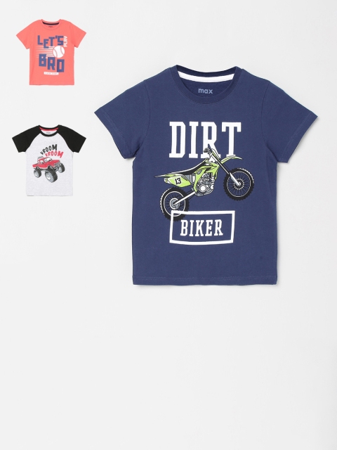 

max Boys Navy Blue & Coral Set of 3 Printed Round Neck T-shirt