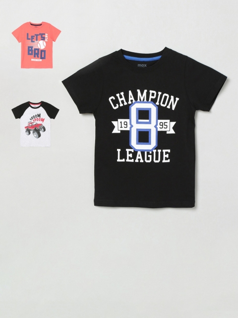 

max Boys Pack Of 3 Printed Round Neck Pure Cotton T-shirts, Coral