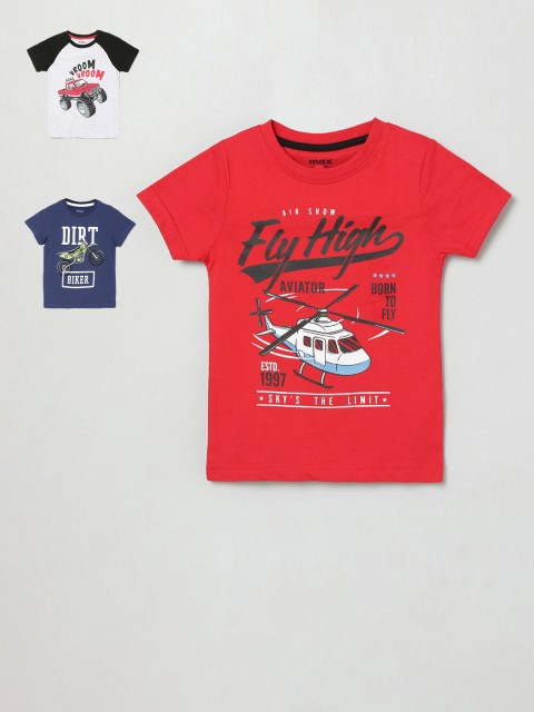 

max Boys Red & Navy Blue Set of 3 Printed Round Neck T-shirt
