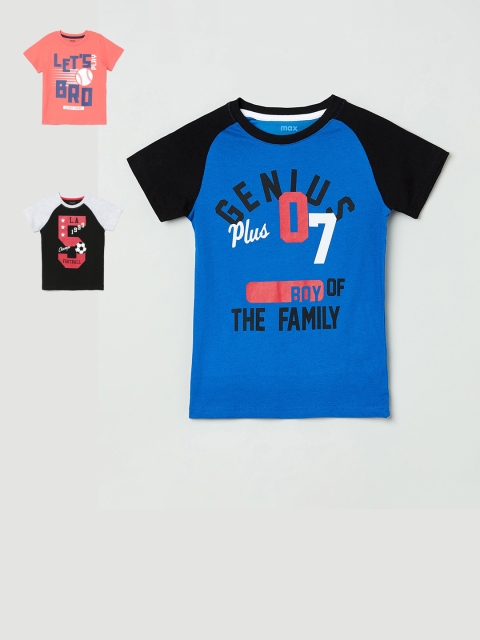

max Boys Pack of 3 Printed Round Neck Cotton T-shirts, Black
