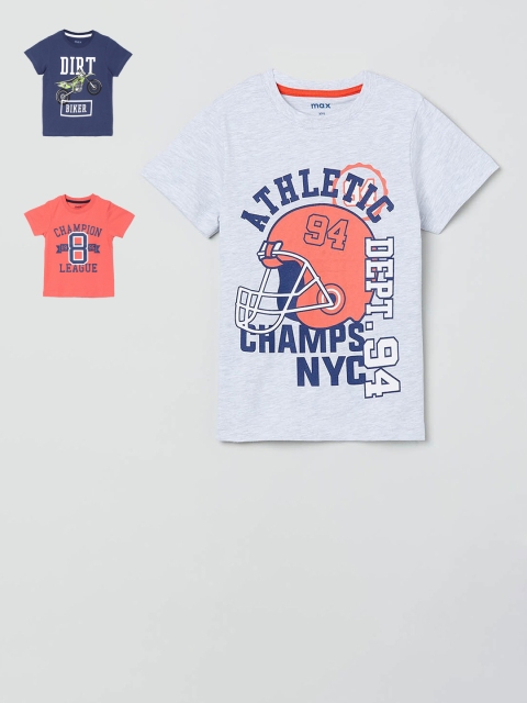 

max Boys Pack Of 3 Printed Round Neck Cotton T-shirts, Grey
