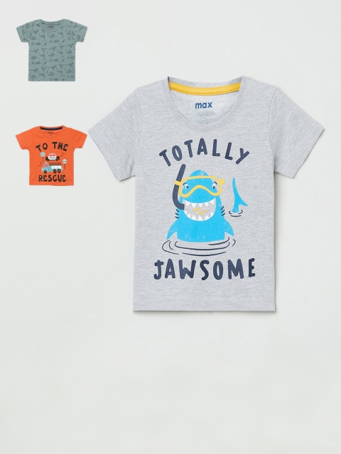 

max Boys Grey & Orange Set of 3 Printed T-shirt