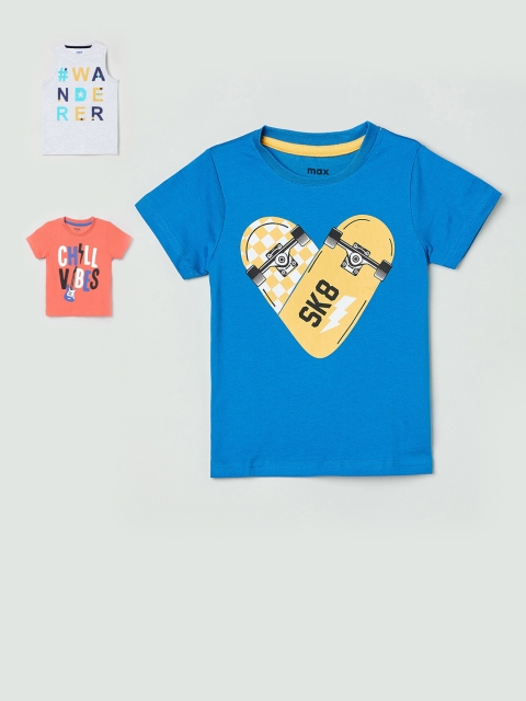 

max Boys Pack Of 3 Printed Round Neck T-shirts, Blue