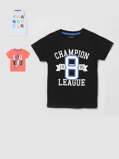

max Boys Black & Orange Set of 3 Printed Round Neck T-shirt