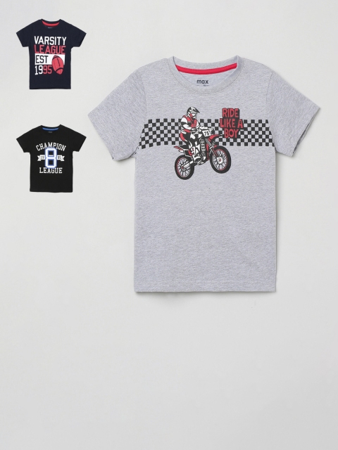

max Boys Pack of 3 Printed Round Neck Pure Cotton T-shirts, Navy blue