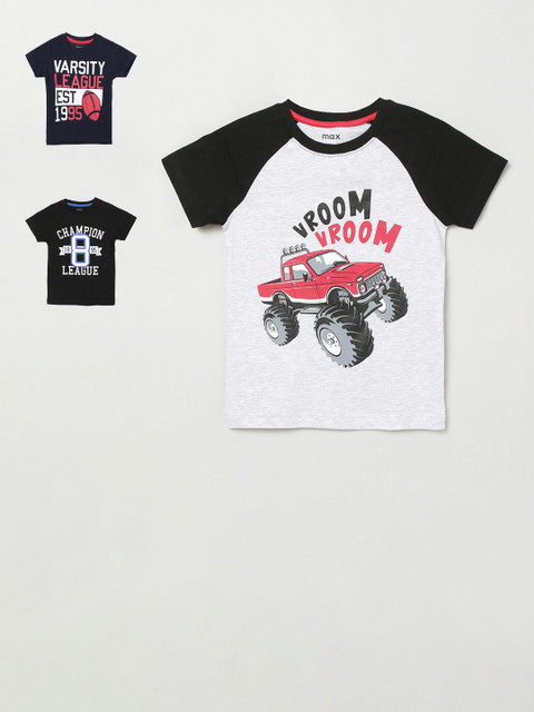 

max Boys Pack Of 3 Printed Round Neck Pure Cotton T-shirt, Navy blue