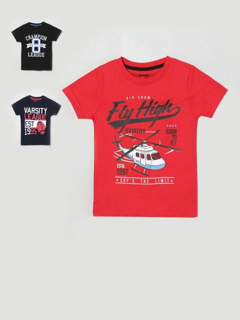 

max Boys Pack Of 3 Printed Round Neck T-shirt, Red
