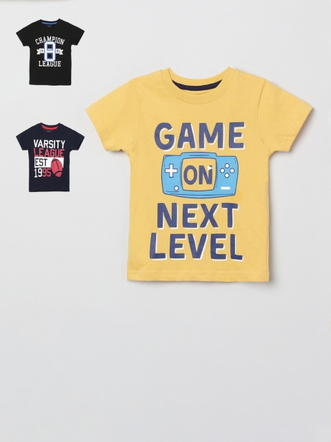 

max Boys Yellow & Navy Blue Set of 3 Printed Round Neck T-shirt