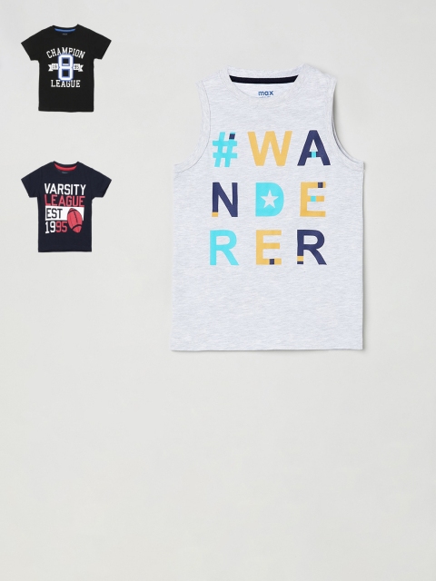 

max Boys Pack of 3 Grey & Navy Blue Printed Round Neck T-shirt