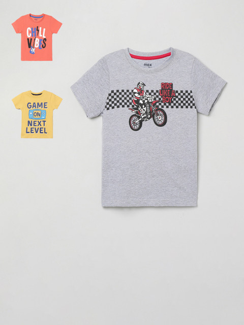 

max Boys Pack Of 3 Pure Cotton Printed Round Neck Pure Cotton T-shirts, Yellow